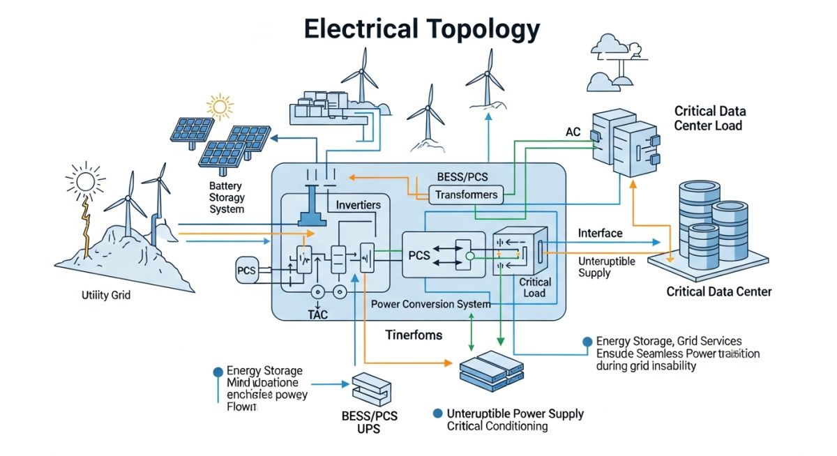 Technical schematic showing BESS integration with solar PV and grid
