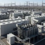 Utility-scale Battery Energy Storage Systems facility showing modular battery containers and power conversion equipment.