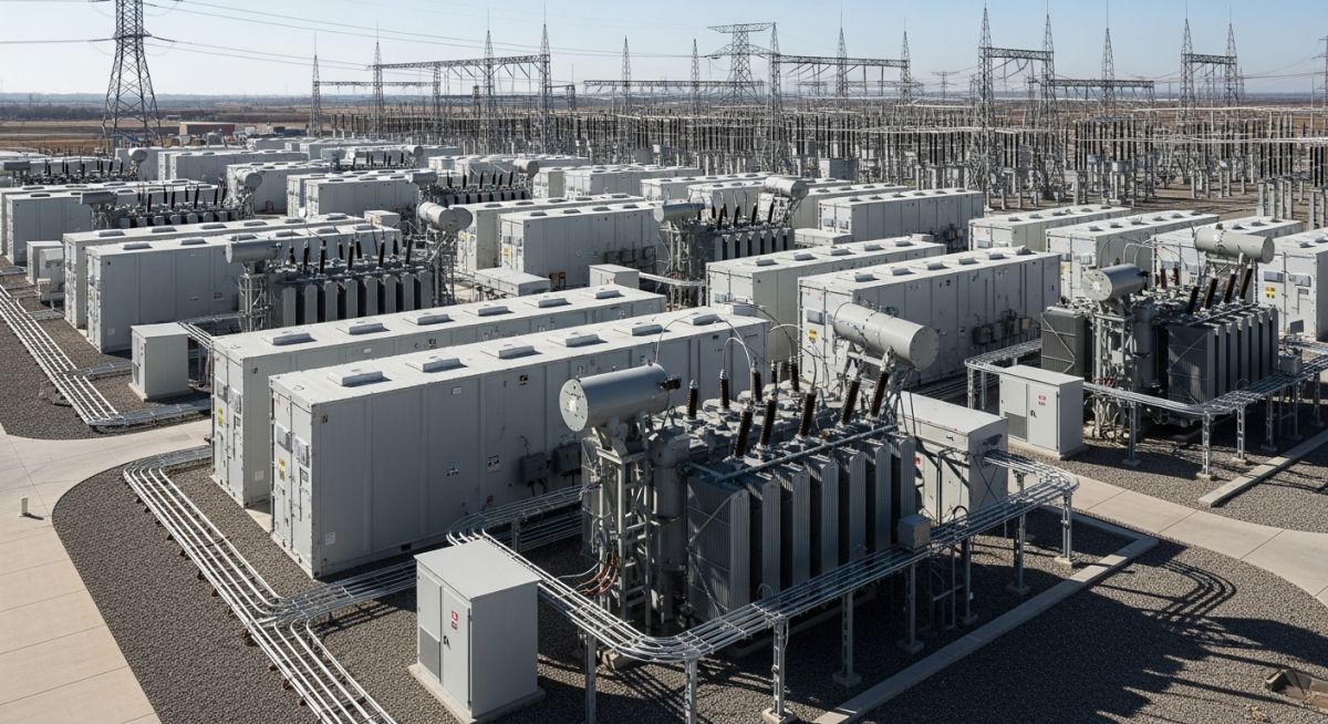 Utility-scale Battery Energy Storage Systems facility showing modular battery containers and power conversion equipment.