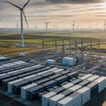 Aerial view of a wind farm integrated with a large-scale containerized Battery Energy Storage Systems facility for grid stability.