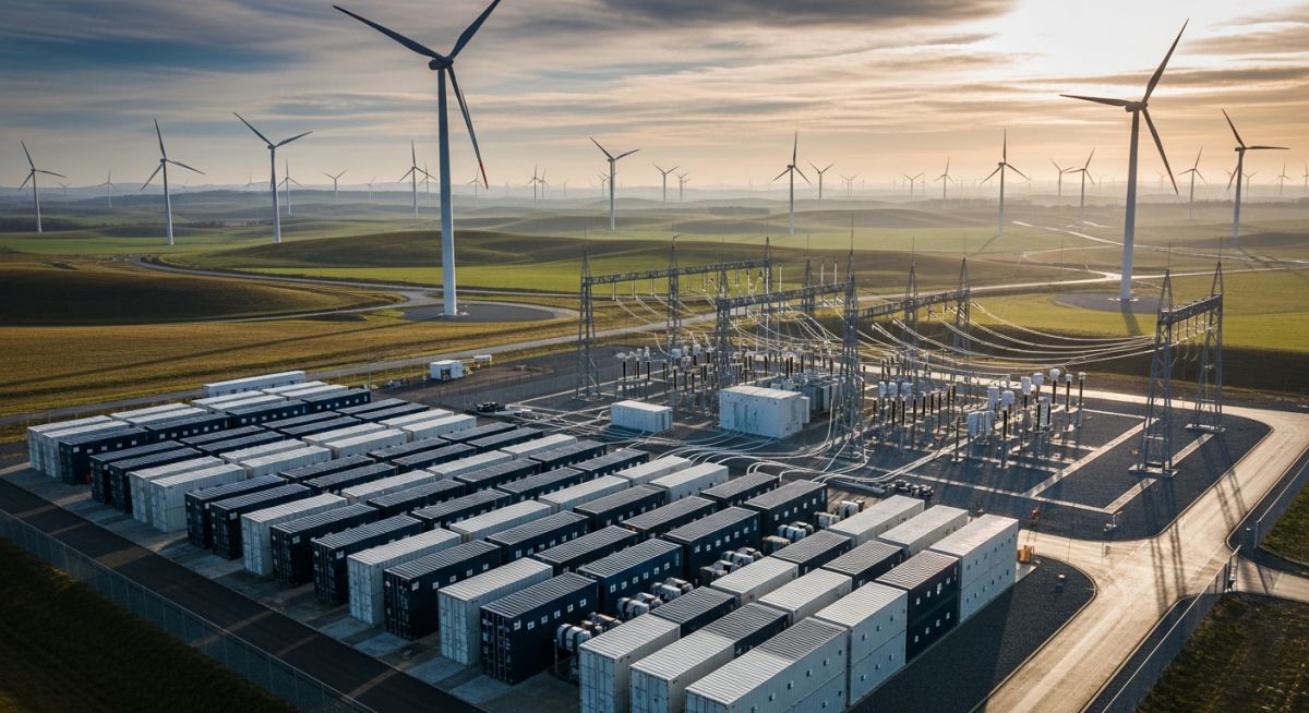 Aerial view of a wind farm integrated with a large-scale containerized Battery Energy Storage Systems facility for grid stability.
