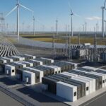 Utility-scale wind farm integrated with a large-scale battery energy storage system (BESS) container facility at a substation.