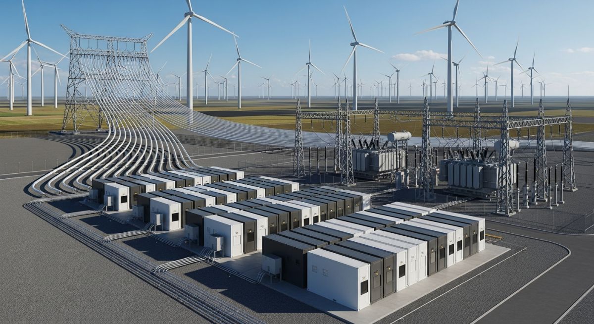 Utility-scale wind farm integrated with a large-scale battery energy storage system (BESS) container facility at a substation.