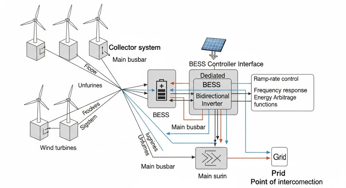 Technical diagram of BESS integration with wind power systems.