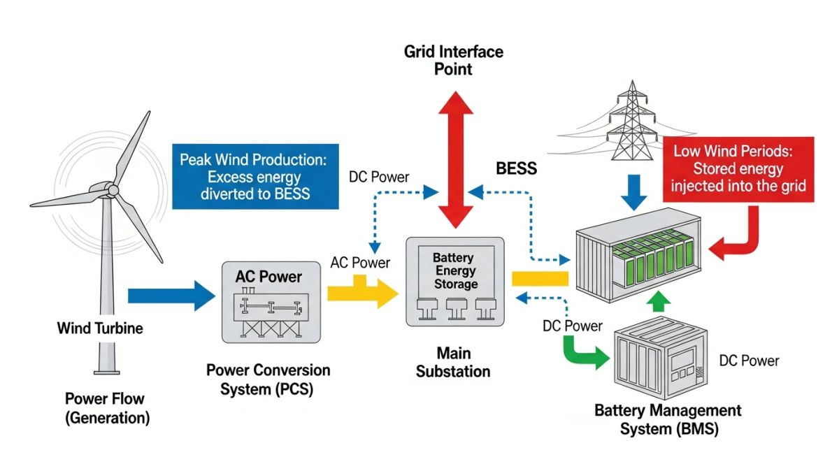 Technical schematic of BESS and wind farm power conversion and control architecture.
