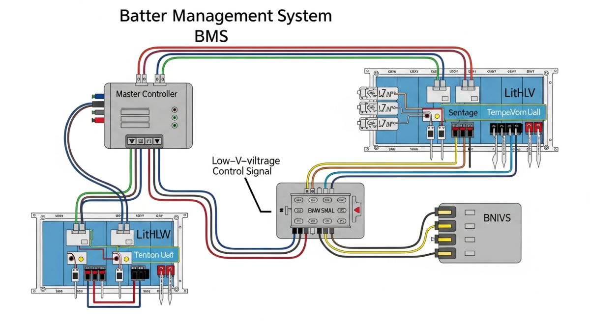 Technical diagram of a Battery Management System architecture showing master and slave controllers connected to lithium-ion battery modules in an industrial rack.