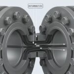 3D CAD render of a bolted flange joint assembly showing a compressed gasket.
