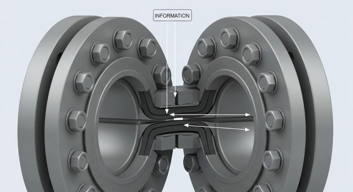 3D CAD render of a bolted flange joint assembly showing a compressed gasket.