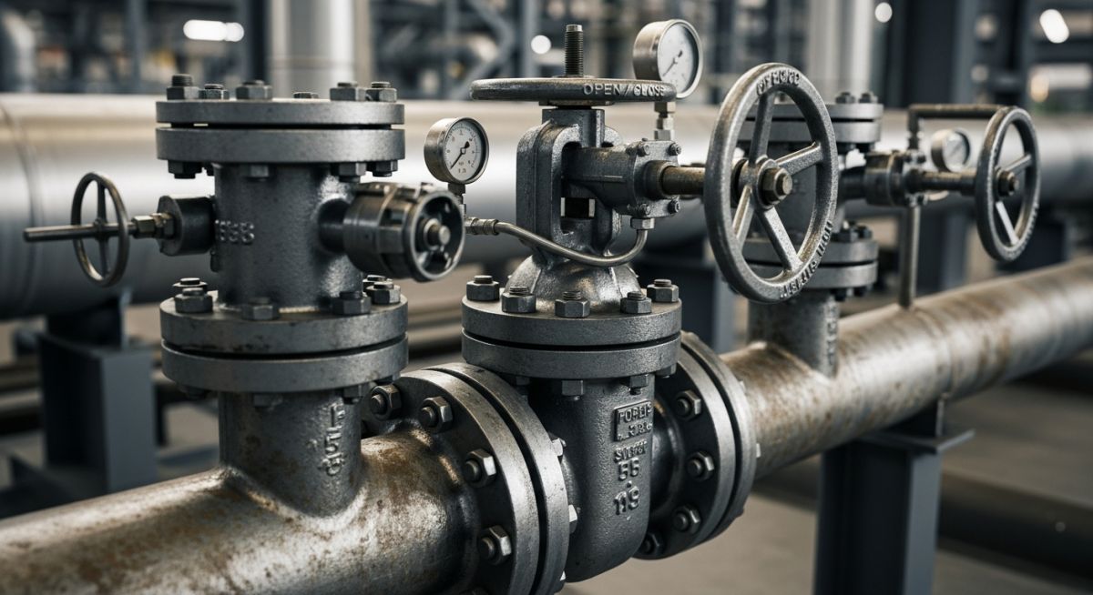 Bonney Forge forged steel gate valve and pipe fittings on an industrial pipeline