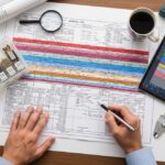 Geotechnical engineer analyzing detailed borehole logs and soil core samples on a project site office desk.