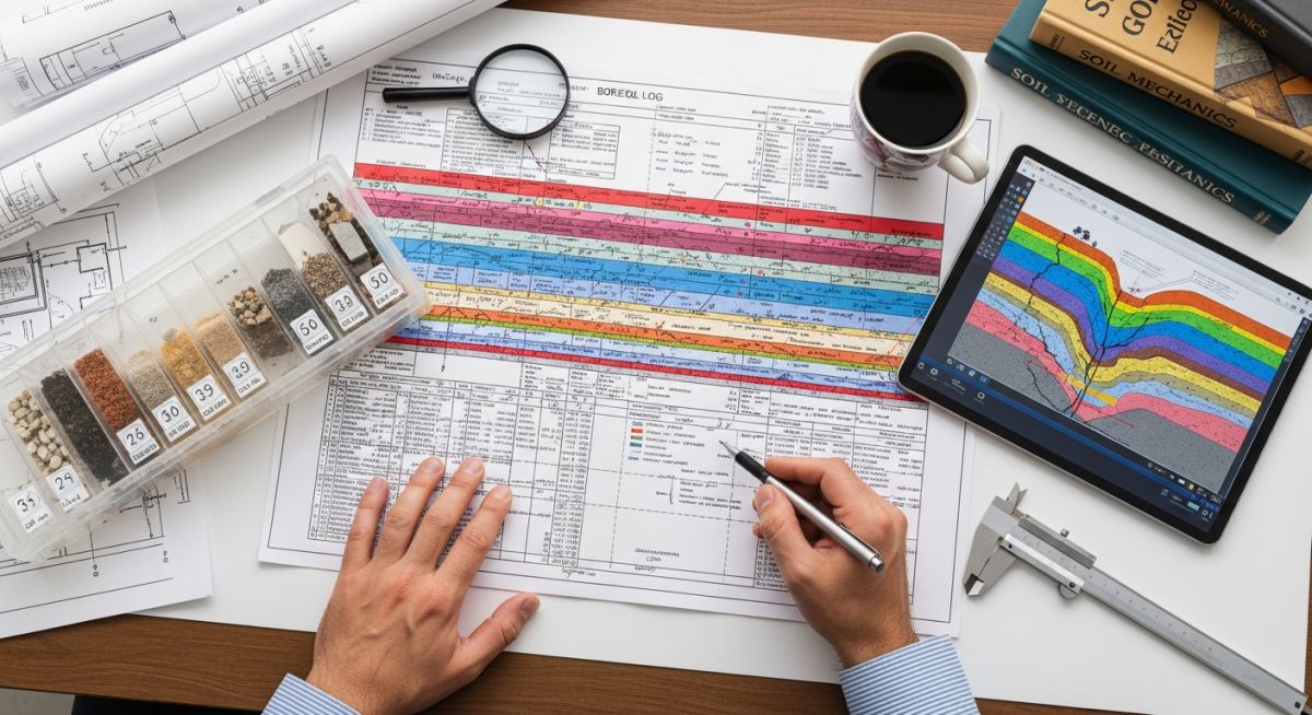 Geotechnical engineer analyzing detailed borehole logs and soil core samples on a project site office desk.