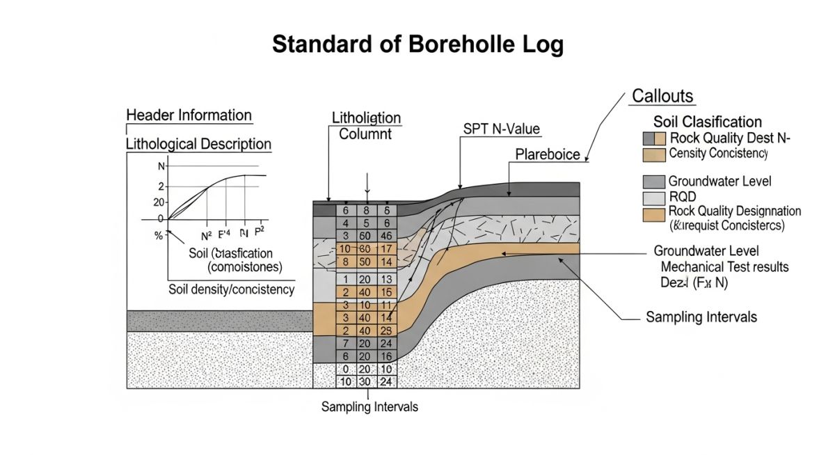 Infographic showing the anatomy of a borehole log including depth, soil type, SPT N-values, and groundwater levels