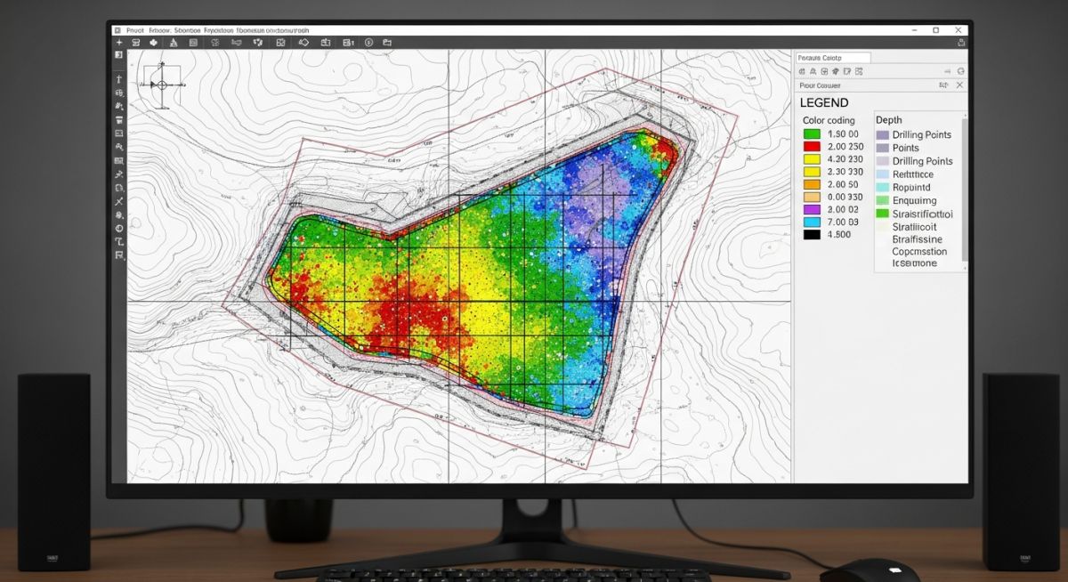 Geotechnical engineer reviewing a site map with planned borehole locations for a large-scale industrial foundation project.