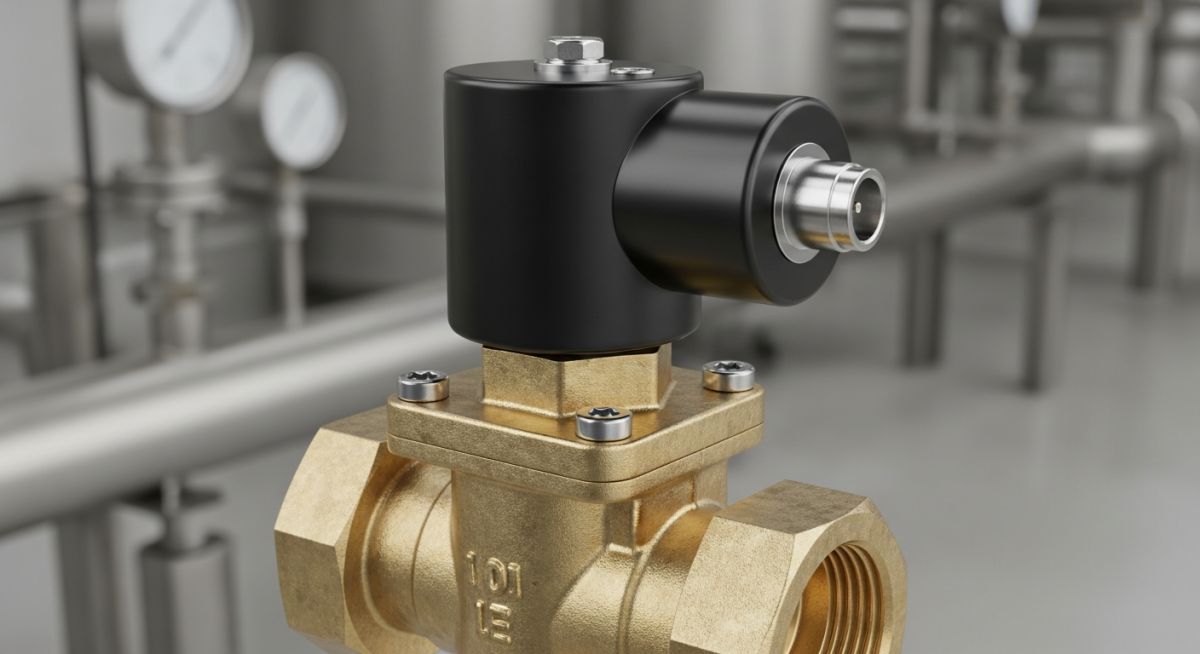 A brass two-way solenoid valve with a black electromagnetic coil.