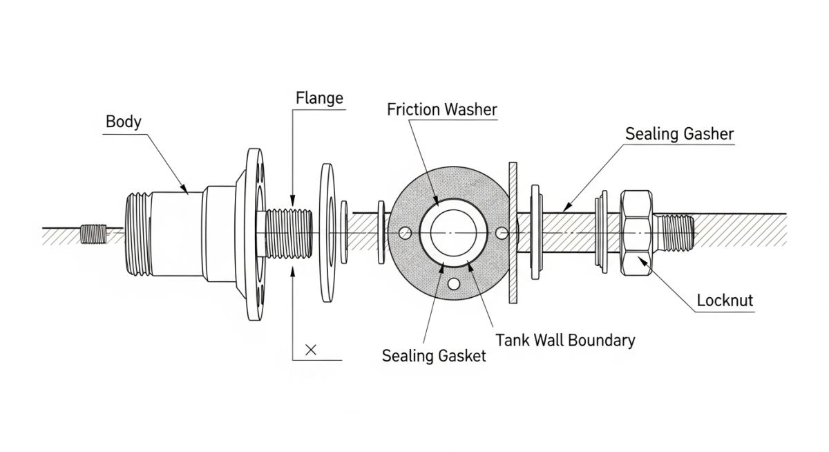 Exploded engineering diagram of a bulkhead fitting showing body, gasket, tank wall, friction washer, and locknut