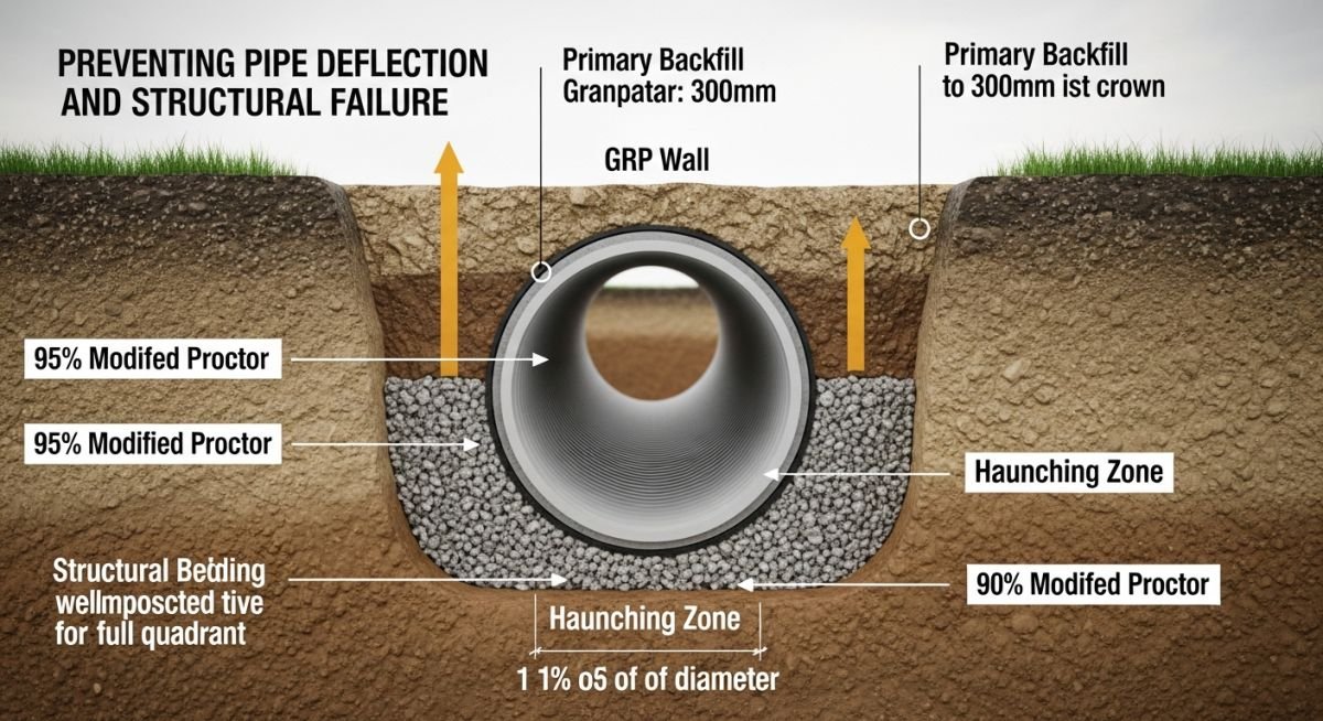 Cross-section diagram of a buried GRP pipe showing bedding, haunching, and backfill layers in a trench.