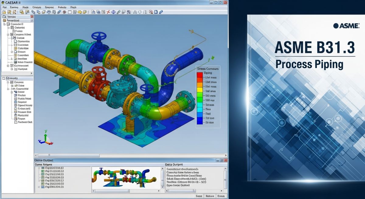 3D pipe stress analysis model in CAESAR II alongside the ASME B31.3 code book.
