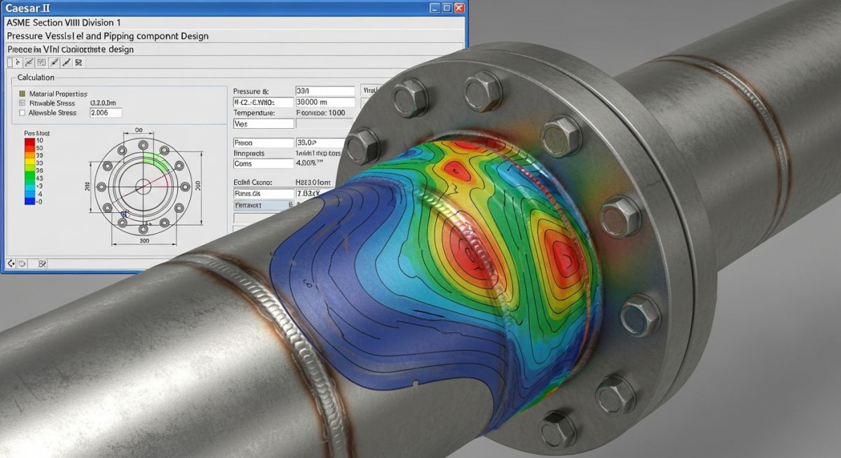 3D render of a piping flange connection with stress analysis overlay and Caesar II interface.