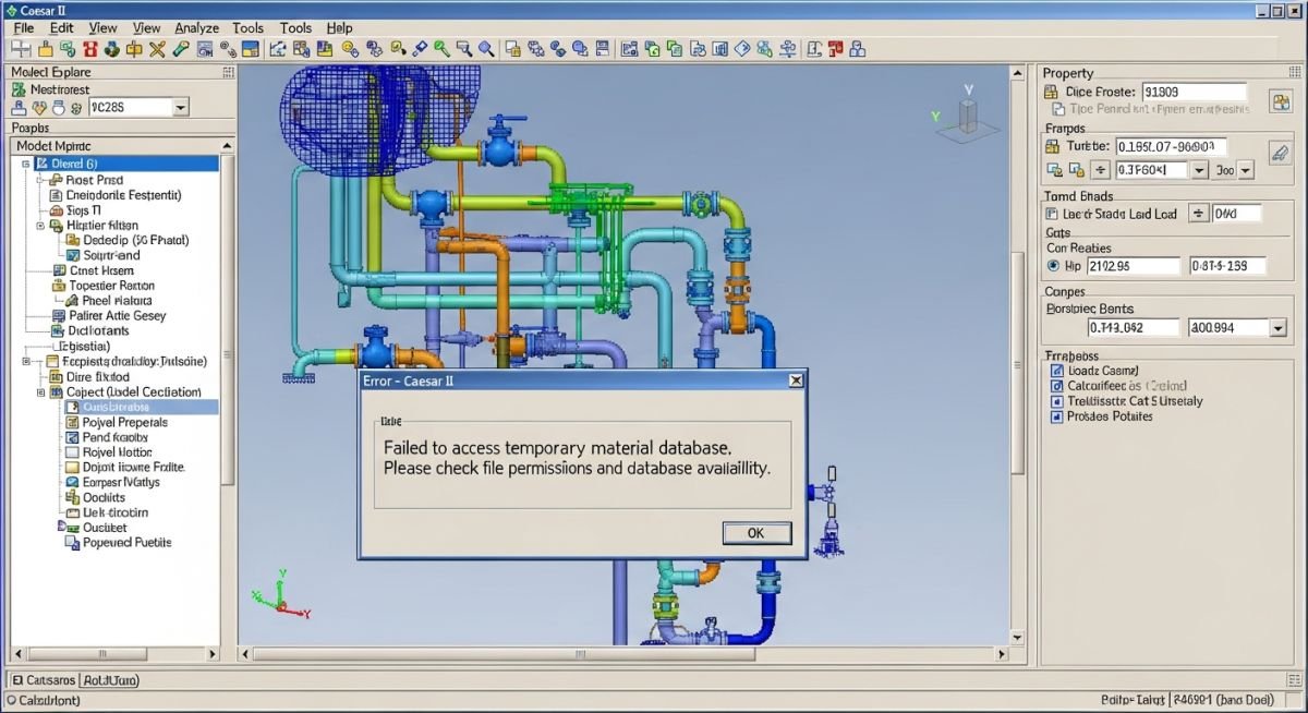 Caesar II software interface displaying the Could Not Open TEMPMAT error dialog box during a piping stress analysis project.