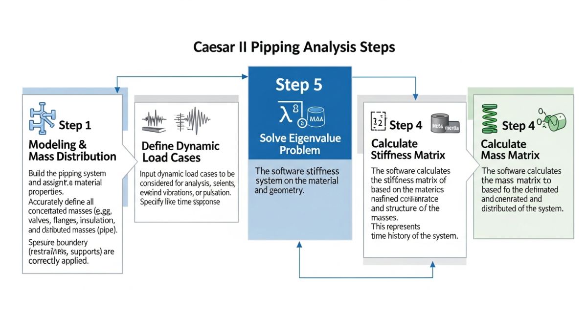 Step-by-step flowchart for performing Caesar II piping modal analysis