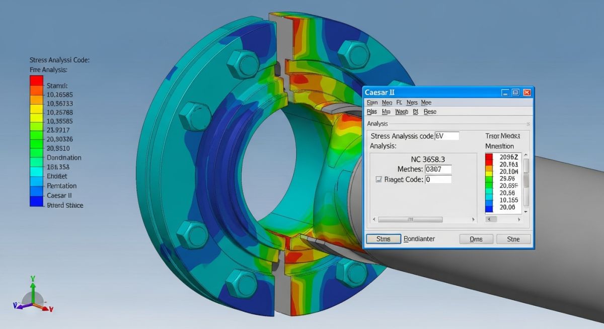 3D render of a bolted flange connection with Caesar II stress analysis overlay for NC 3658.3 evaluation.