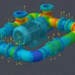 3D Caesar II pipe stress analysis model of a centrifugal pump piping system showing stress distribution.