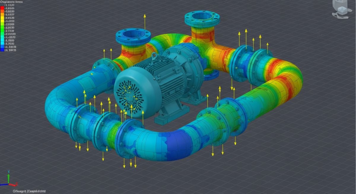 3D Caesar II pipe stress analysis model of a centrifugal pump piping system showing stress distribution.