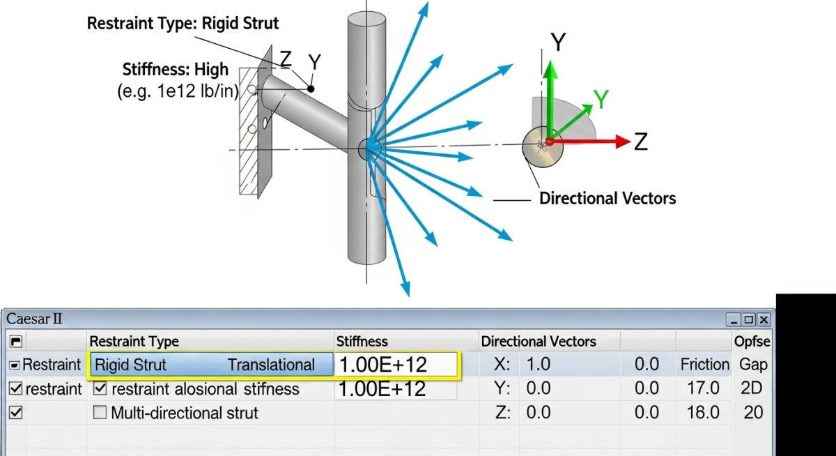 Caesar II Rigid Strut Input Configuration and Restraint Vector