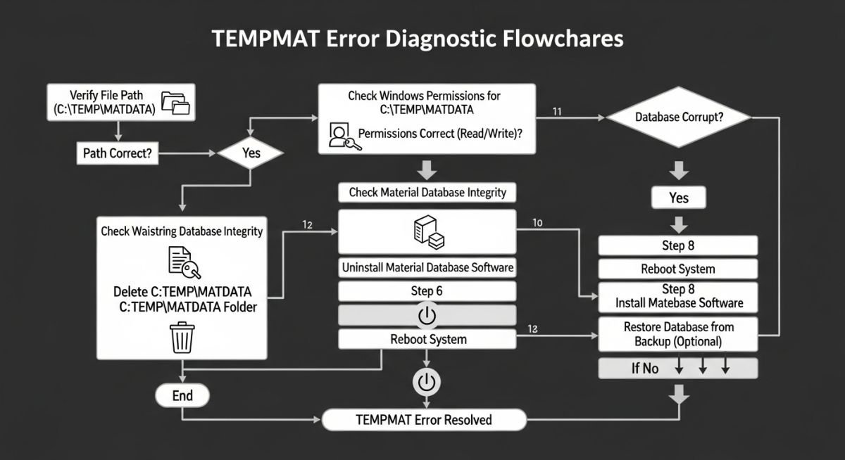 Flowchart showing the troubleshooting steps for the Caesar II TEMPMAT file access error