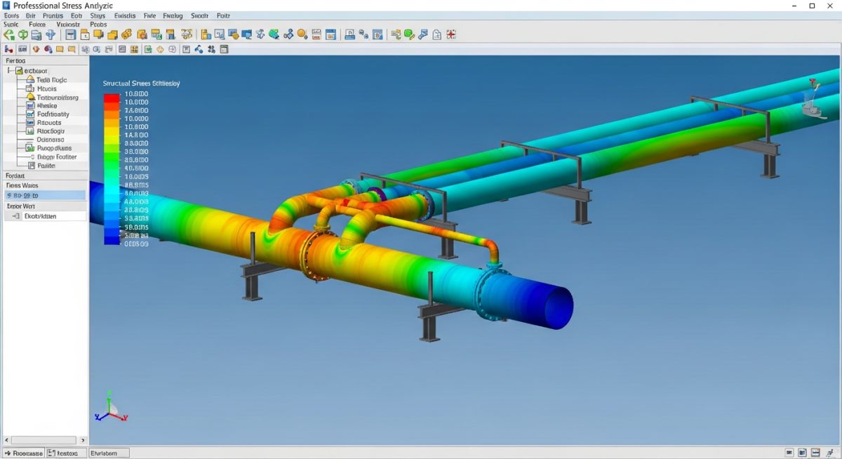 3D digital model of thin-walled industrial piping showing stress distribution analysis in a professional engineering software environment.