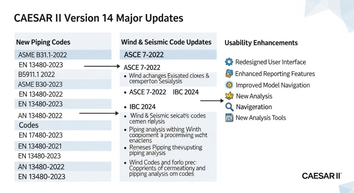 CAESAR II Version 14 technical features and code updates infographic