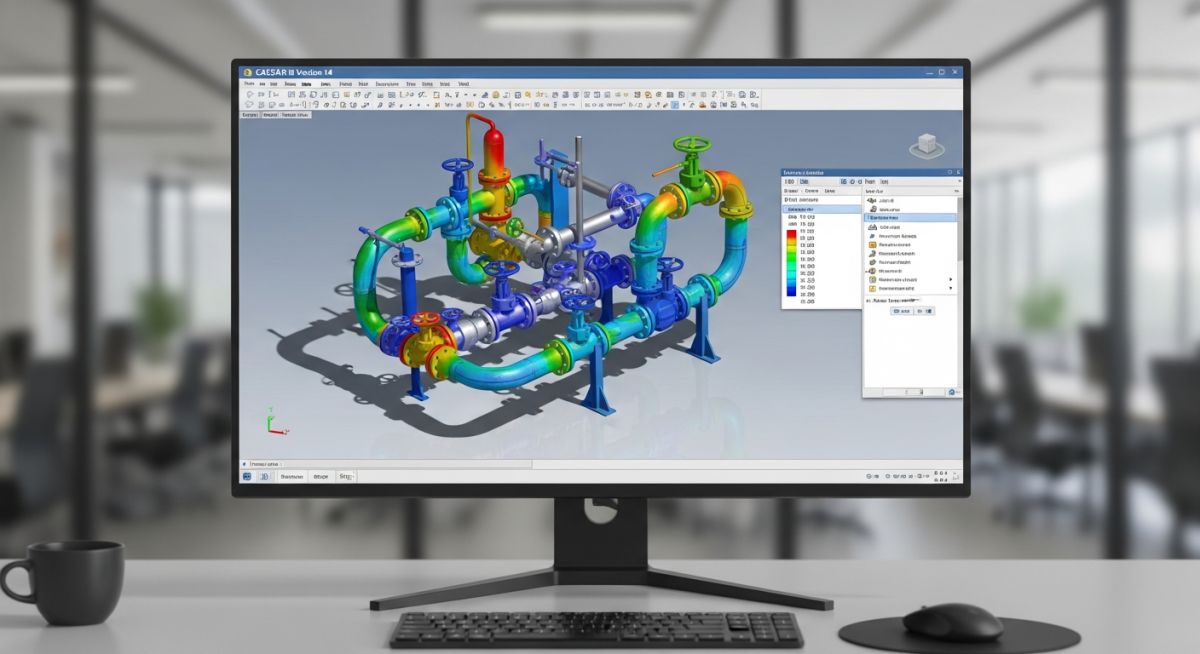 CAESAR II Version 14 pipe stress analysis software interface displaying a 3D piping model.