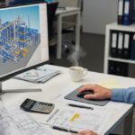 Senior piping engineer analyzing industrial plant design and CAPEX budget data on a workstation monitor.