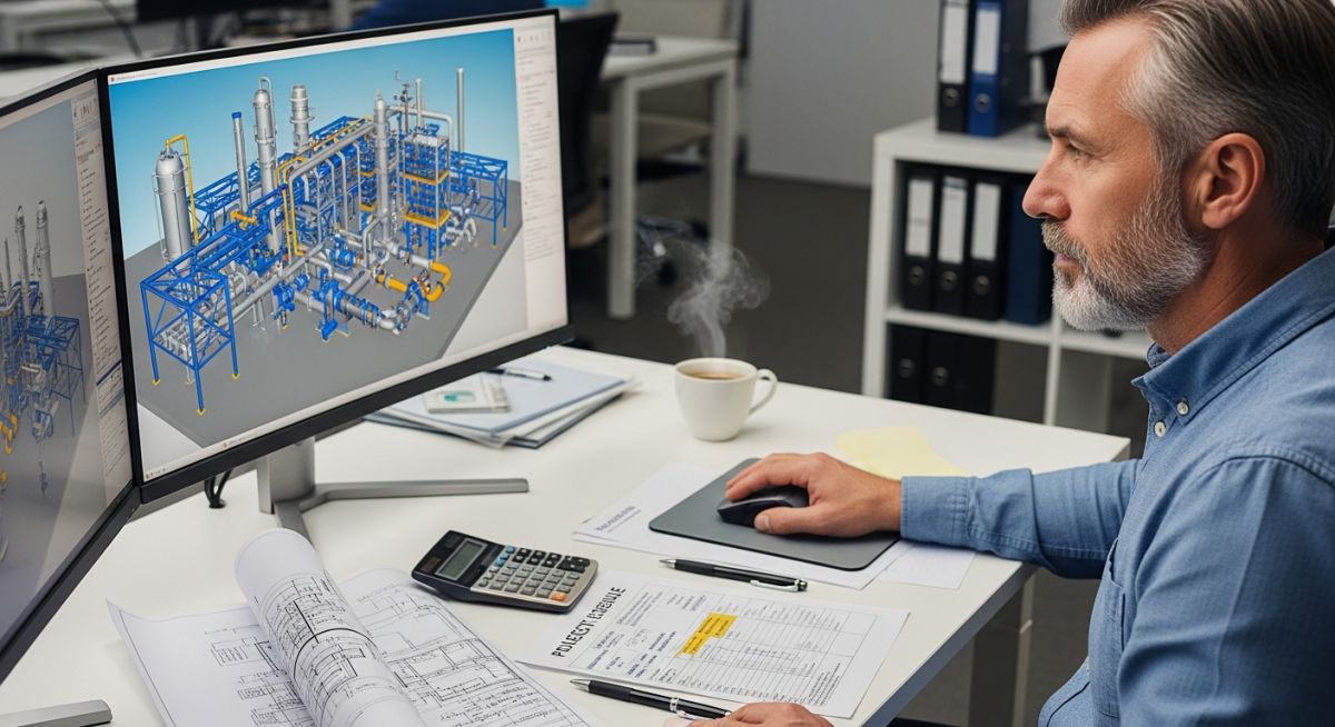 Senior piping engineer analyzing industrial plant design and CAPEX budget data on a workstation monitor.