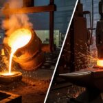 Side-by-side comparison of industrial metal casting and metal forging processes.