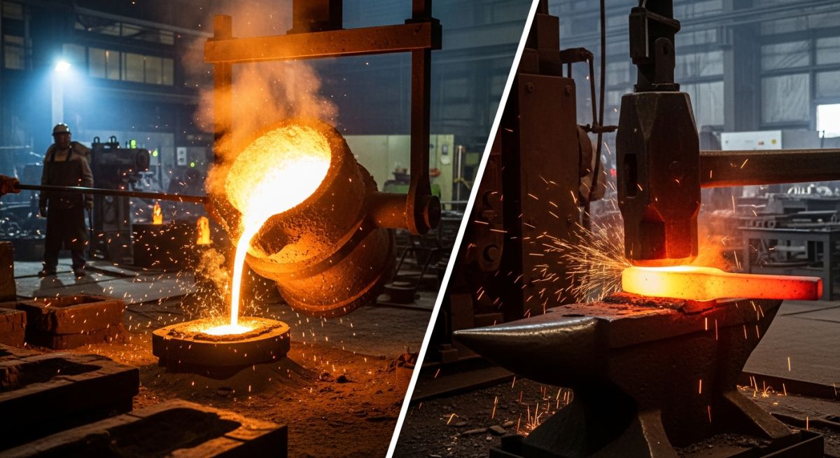 Side-by-side comparison of industrial metal casting and metal forging processes.