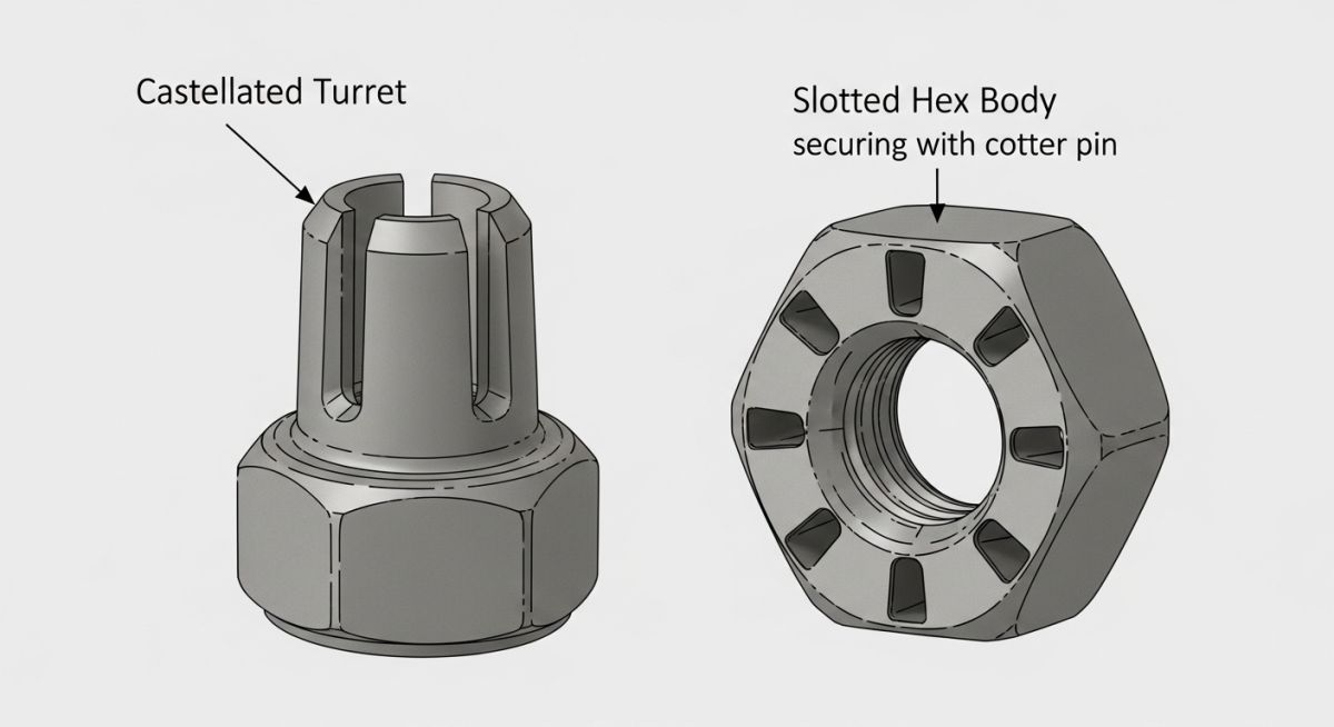 Comparison diagram showing the structural differences between a castle nut and a slotted nut