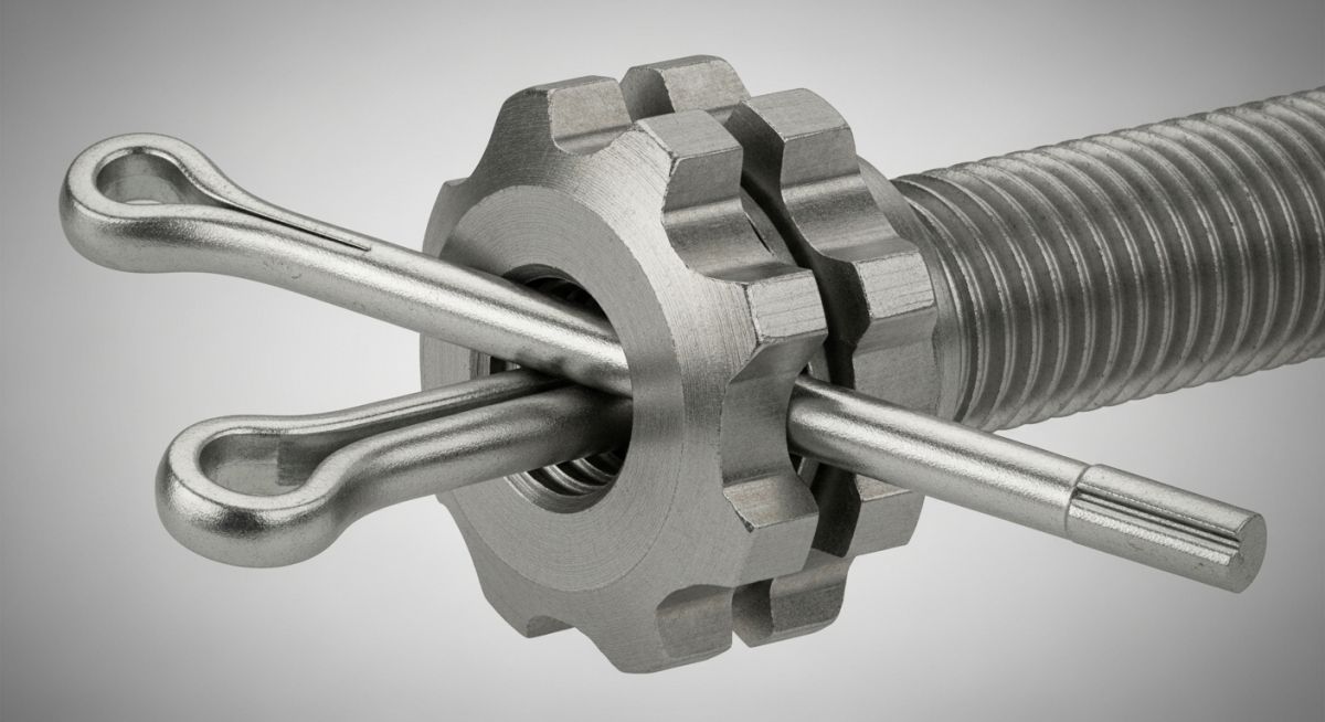 A metallic castle nut secured on a bolt with a cotter pin inserted through its slots.