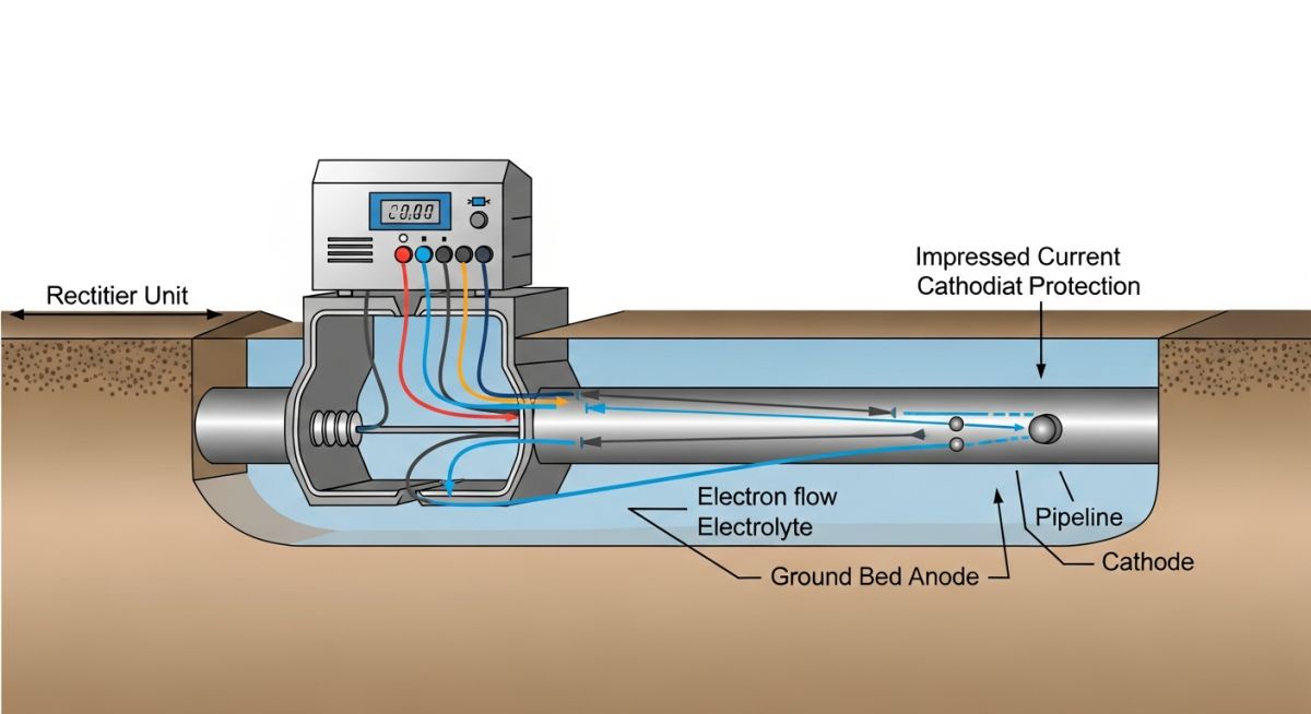 Cross-sectional diagram of an Impressed Current Cathodic Protection system showing rectifier, anode ground bed, and pipeline electron flow.