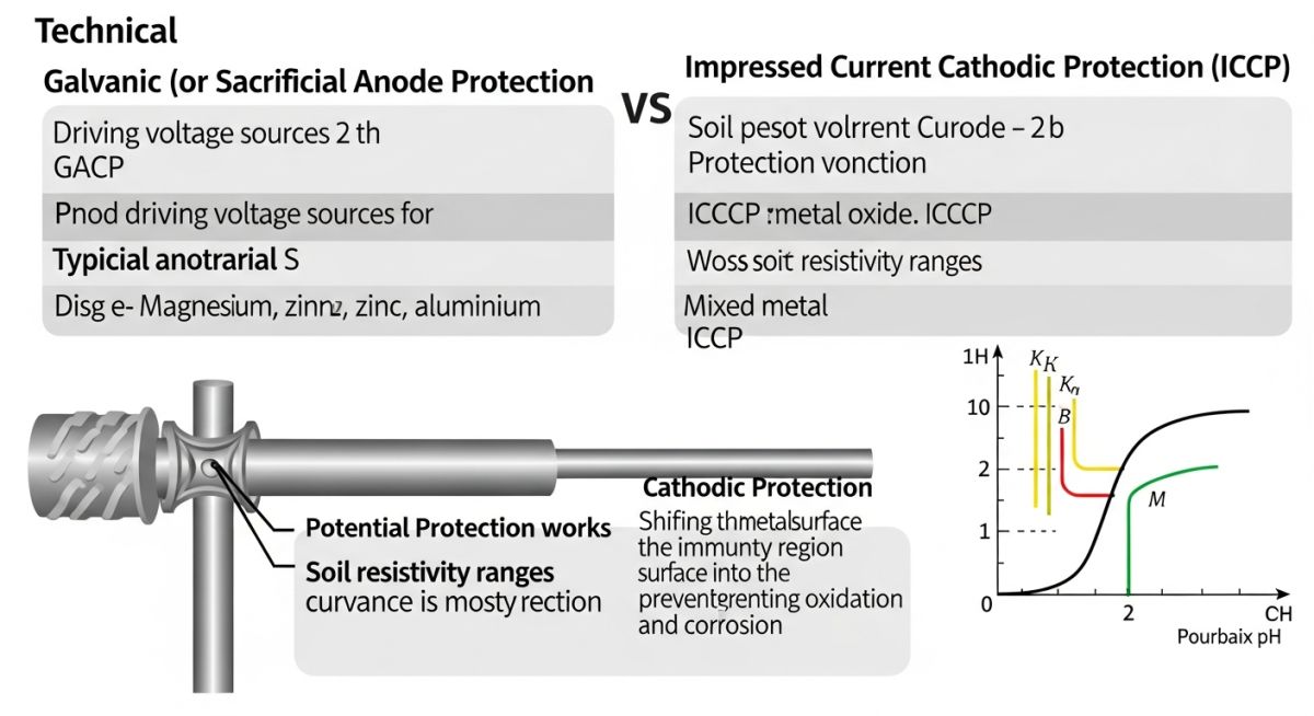 Technical infographic detailing the electrochemical circuit, anode beds, and potential measurement points