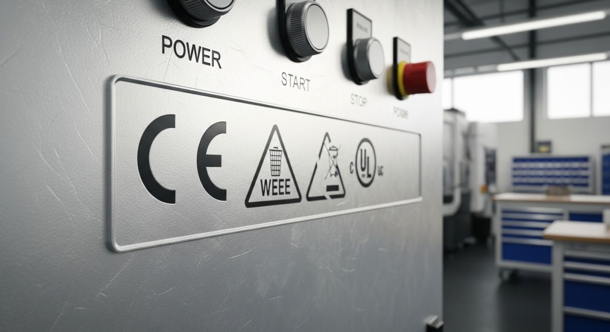 Close-up of an industrial electronic device featuring an engraved CE marking symbol for European conformity.