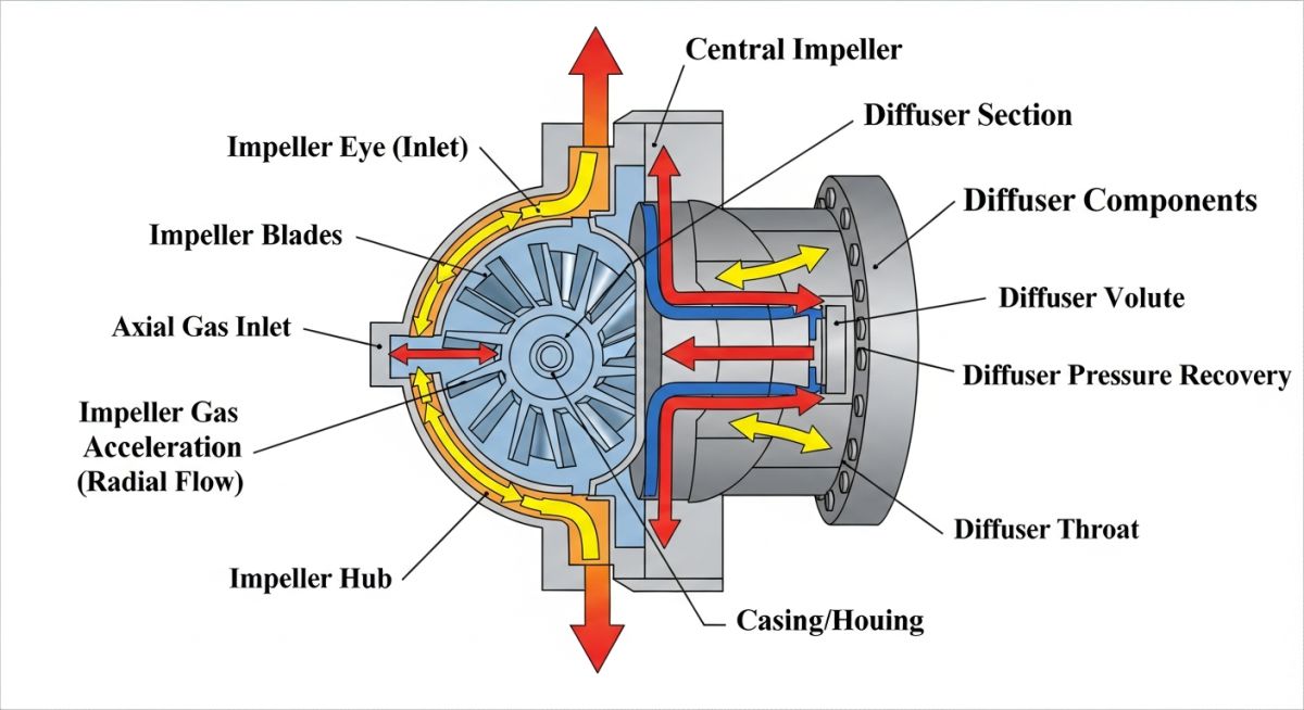 Centrifugal compressor working principle diagram showing impeller, diffuser, and volute casing