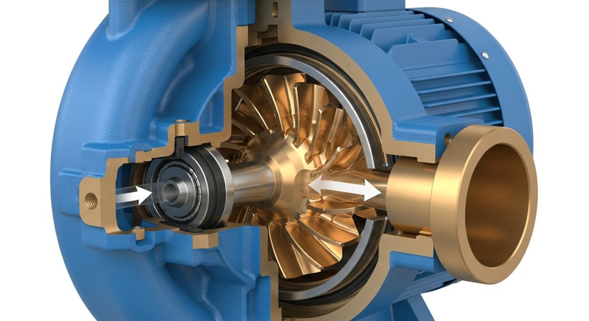 3D cutaway diagram of a horizontal centrifugal pump showing the impeller, volute casing, and fluid flow path.