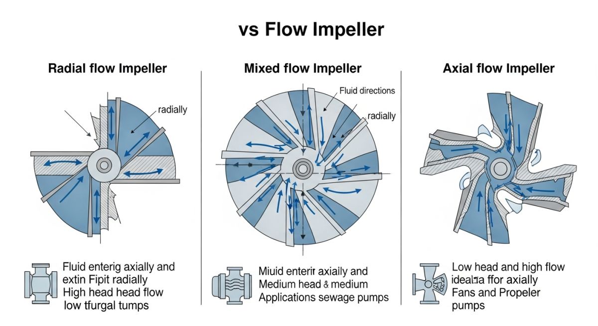 Centrifugal pump impeller types comparison showing open, semi-open, and closed impellers