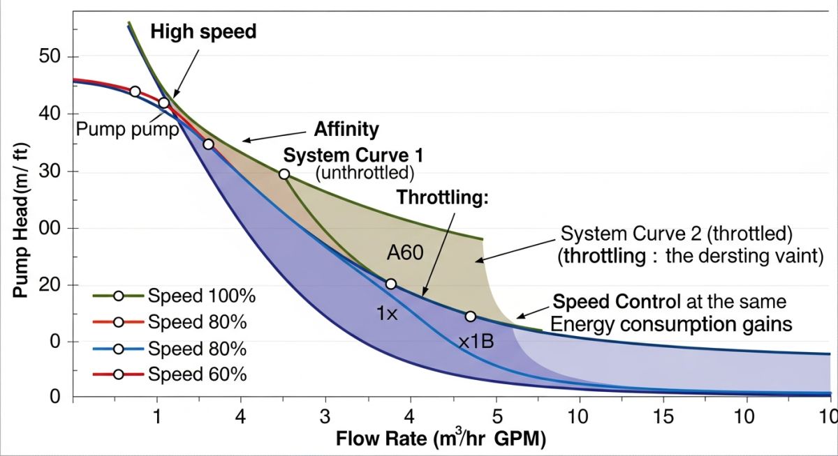 Centrifugal pump performance curves showing speed control vs control valve throttling