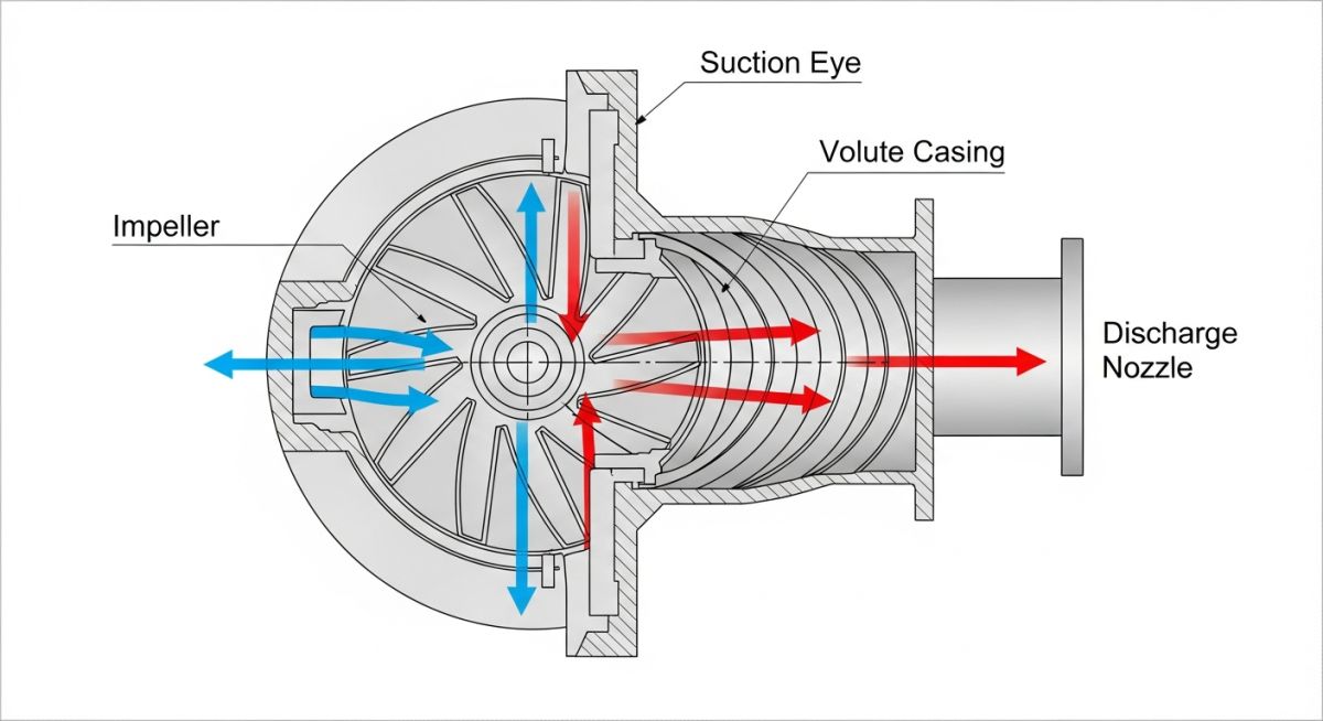 Detailed cross-section diagram of a centrifugal pump showing impeller, volute casing, and flow paths