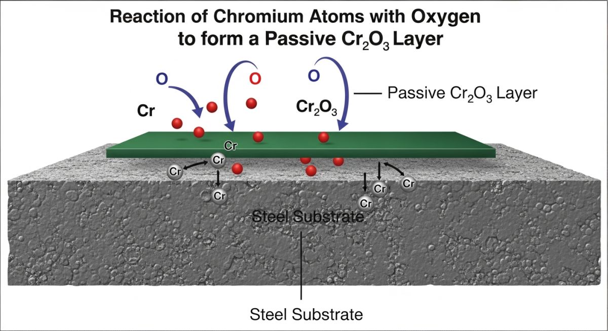 Chromium oxide passivation mechanism diagram showing molecular layer