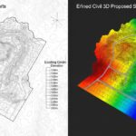 Civil 3D interface showing a 3D site grading model with color-coded cut and fill zones for earthwork optimization.