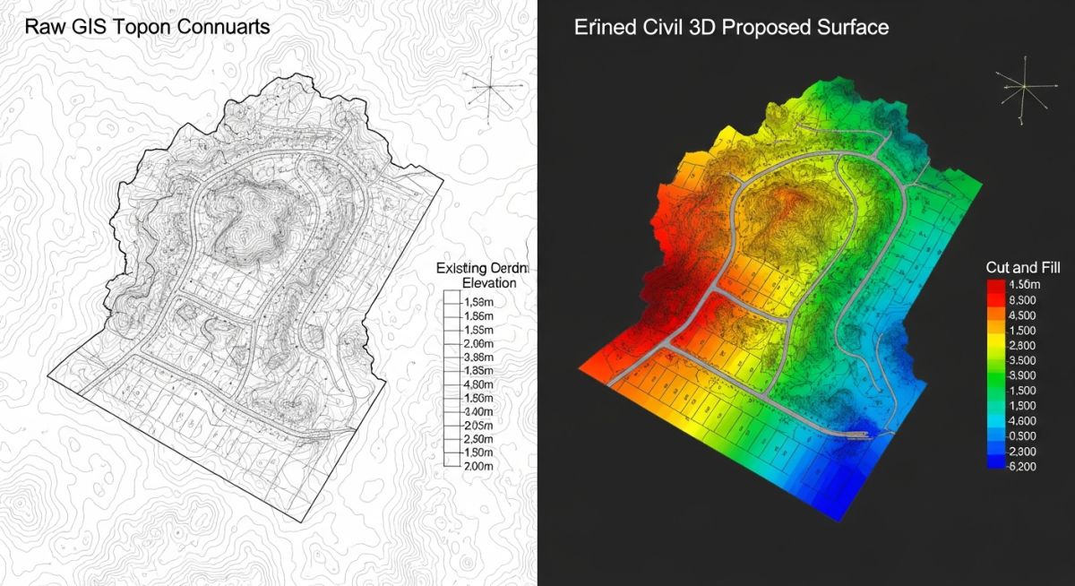 Civil 3D interface showing a 3D site grading model with color-coded cut and fill zones for earthwork optimization.