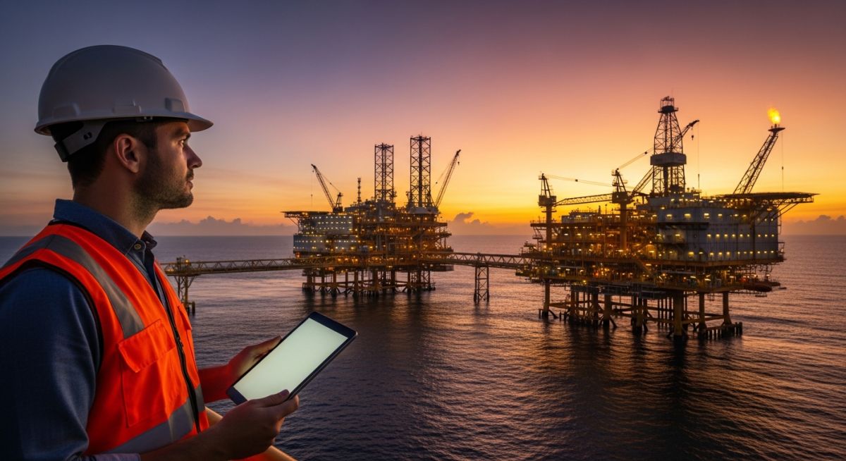 Civil engineer inspecting an offshore oil rig infrastructure at sunset.